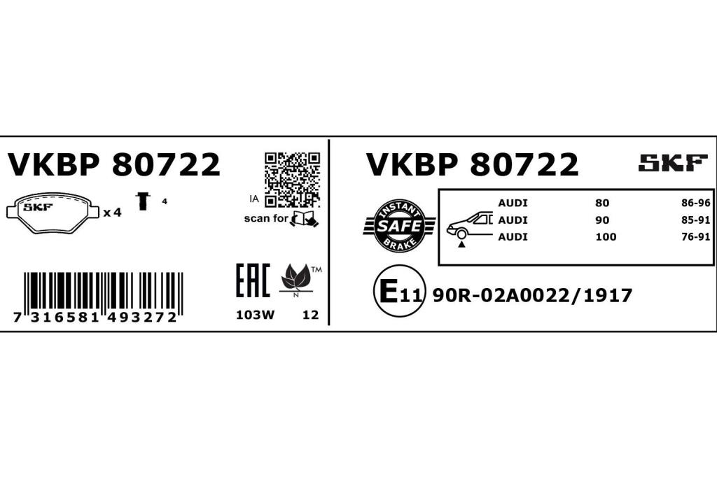 Jogo de 4 pastilhas de travão SKF ref. VKBP 80722